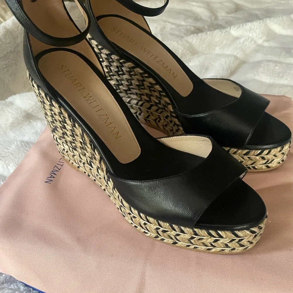 Stuart Weitzman Black Leather Espadrille Wedge Sandals